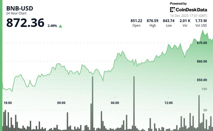 BNB Surges Above $870, Outperforming Major Cryptocurrencies Amid High Volume image from coindesk.com